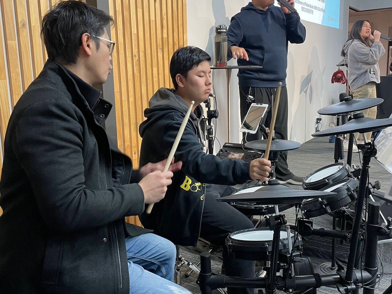 Close-up of the electronic drum kit used in lessons